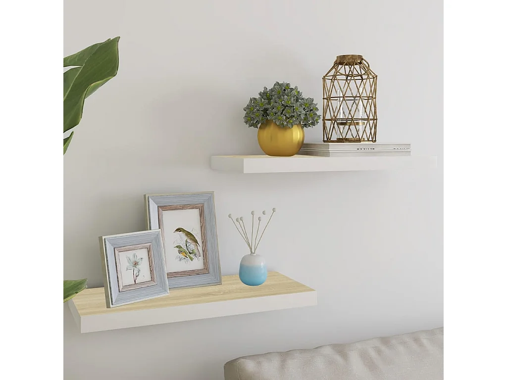 Étagères murales 2 pcs chêne et blanc 60x23,5x3,8 cm MDF OFR37622 BonneVie Meuble
