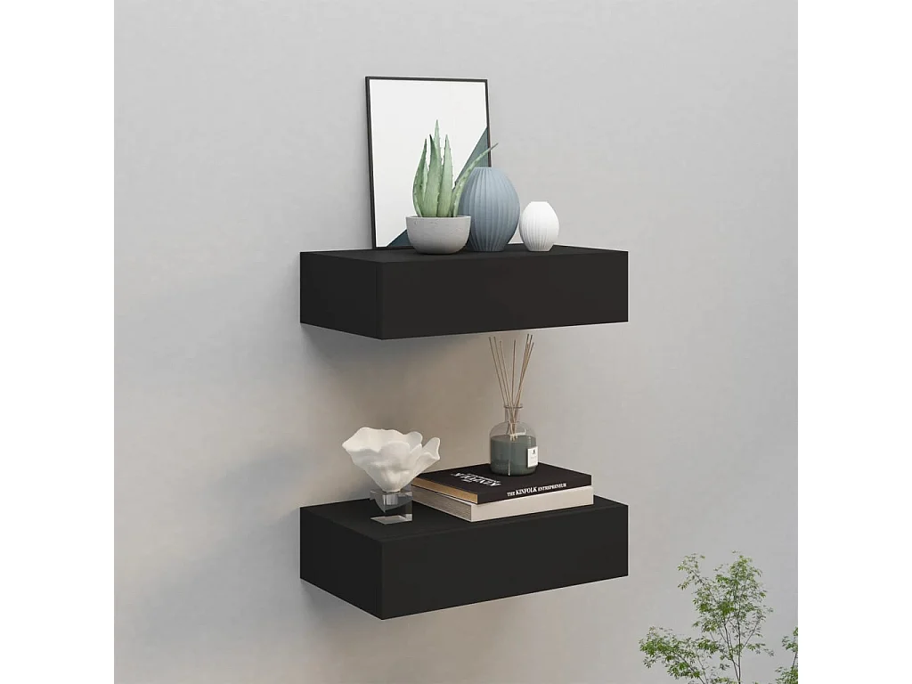 Étagères à tiroirs murales 2 pcs noir 40x23,5x10 cm MDF OFR59147 BonneVie Meuble