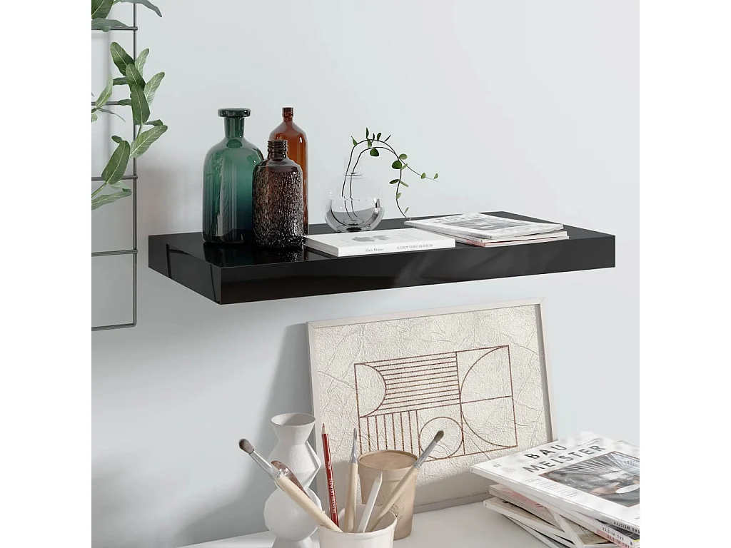 Étagère murale murale Noir brillant 50x23x3,8 cm MDF OFR40007 BonneVie Meuble