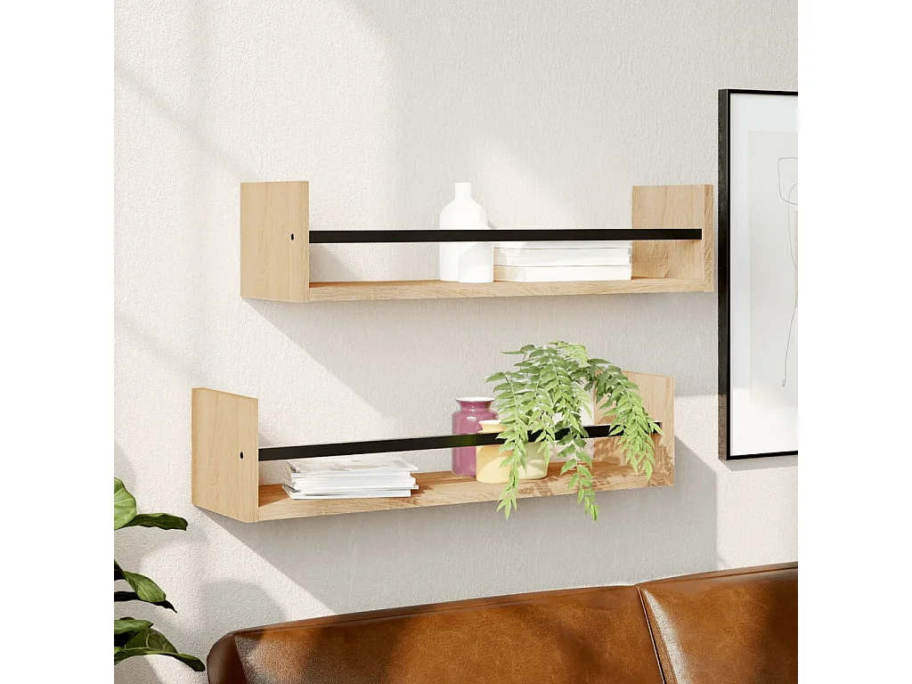 Wandschappen met stangen 2 st 60x16x14 cm sonoma eikenkleurig NL340451