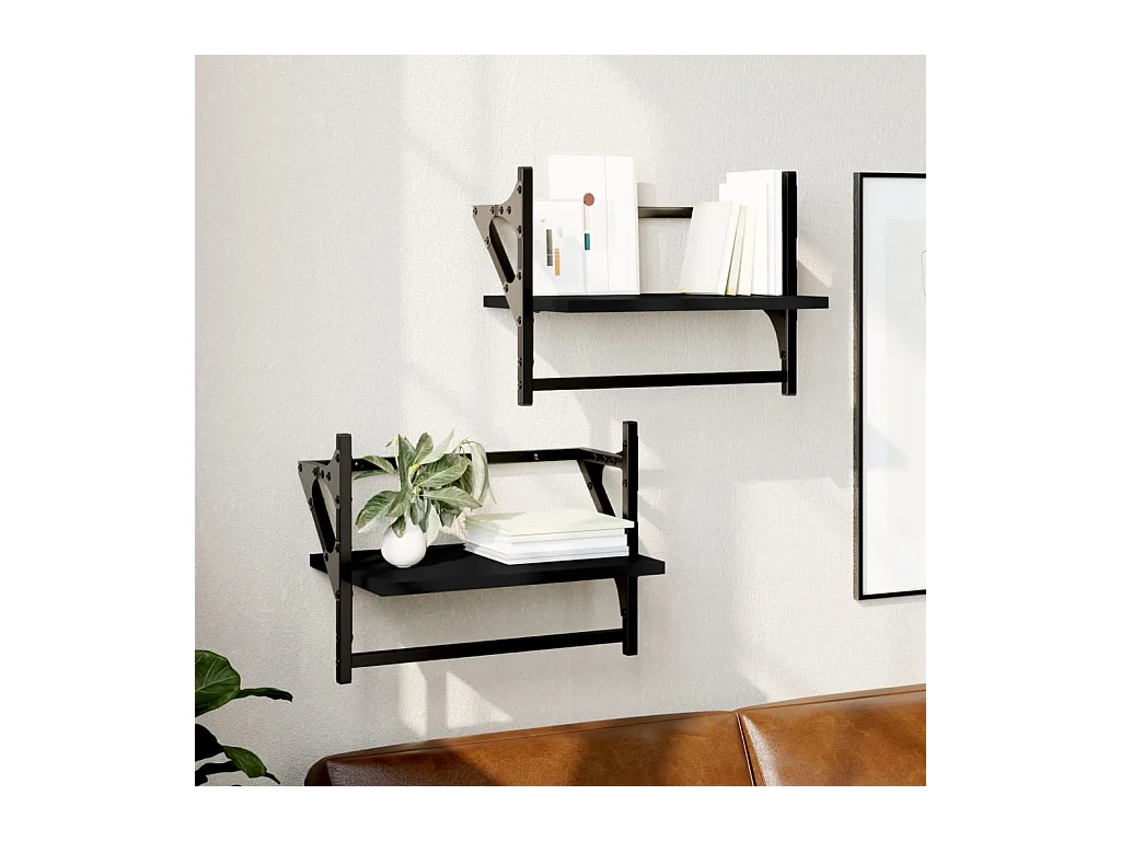 Étagères murales avec barres 2 pcs noir 40x25x30 cm OFR66059 BonneVie Meuble
