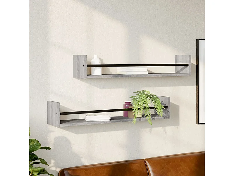 Étagères murales avec barres 2 pcs sonoma gris 80x16x14 cm OFR31714 BonneVie Meuble