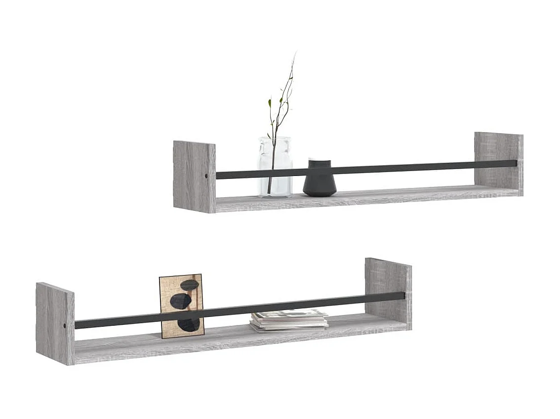 Wandschappen met stangen 2 st 80x16x14 cm grijs sonoma NL445343