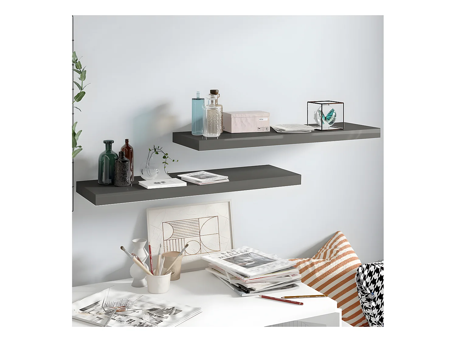 Étagère murale murale 2 pcs Gris brillant 80x23,5x3,8 cm MDF OFR96941 BonneVie Meuble