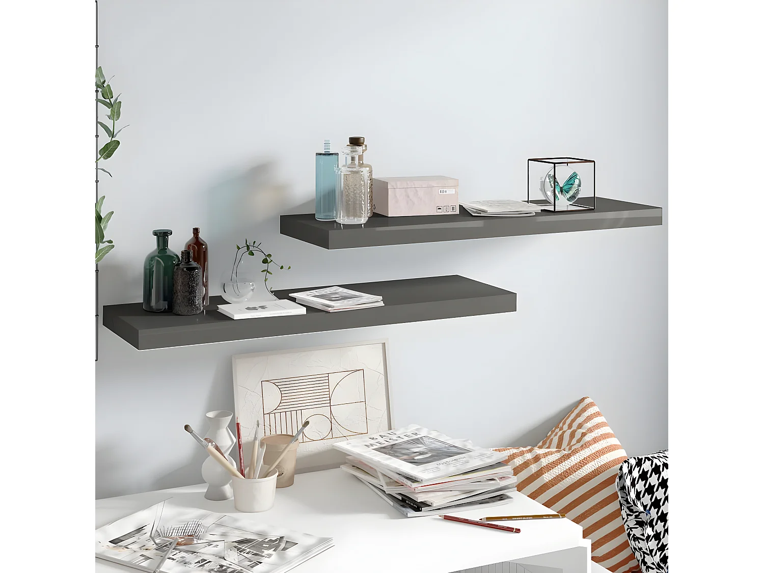 Étagère murale murale 2 pcs Gris brillant 80x23,5x3,8 cm MDF OFR96941 BonneVie Meuble