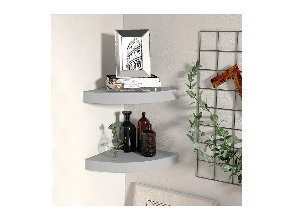 Étagères d'angle murales 2 pcs gris 25x25x3,8 cm MDF OFR22830 BonneVie Meuble