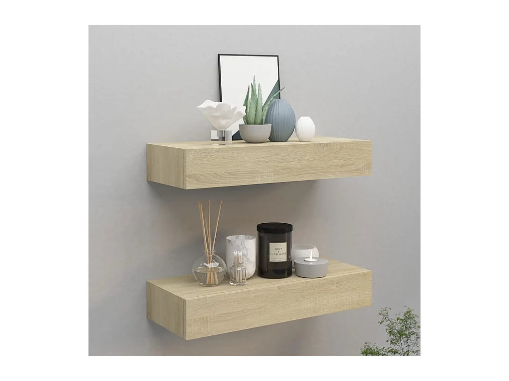 Étagères à tiroirs murales 2 pcs chêne 60x23,5x10 cm MDF OFR50488 BonneVie Meuble