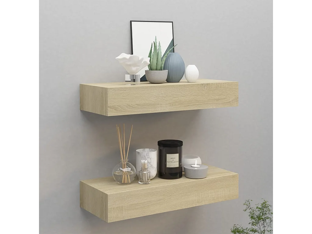 Estantes de pared con cajón 2 uds MDF roble 60x23,5x10 cm ES96127