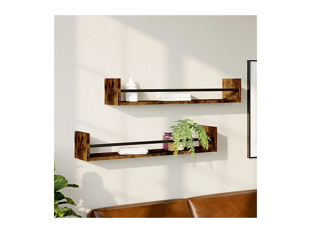 Étagères murales avec barres 2 pcs chêne fumé 80x16x14 cm OFR35063 BonneVie Meuble