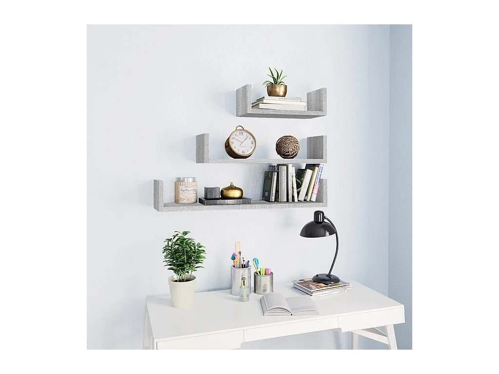 Étagères murales d'affichage 3pcs Sonoma gris Bois d'ingénierie OFR82651 BonneVie Meuble