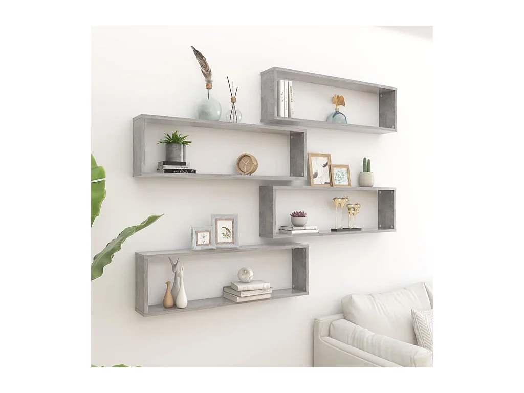 Étagères cube murales 4 pcs Gris béton 100x15x30 cm Aggloméré OFR92761 BonneVie Meuble