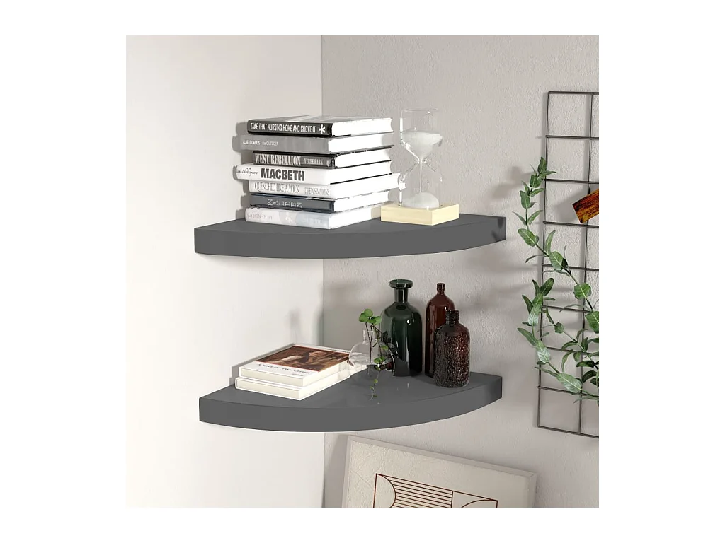 Étagères d'angle murales 2pcs gris brillant 35x35x3,8 cm MDF OFR45702 BonneVie Meuble