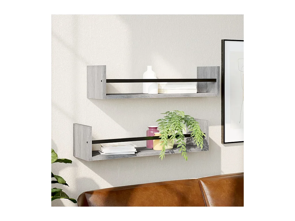 Étagères murales avec barres 2 pcs sonoma gris 60x16x14 cm OFR58595 BonneVie Meuble