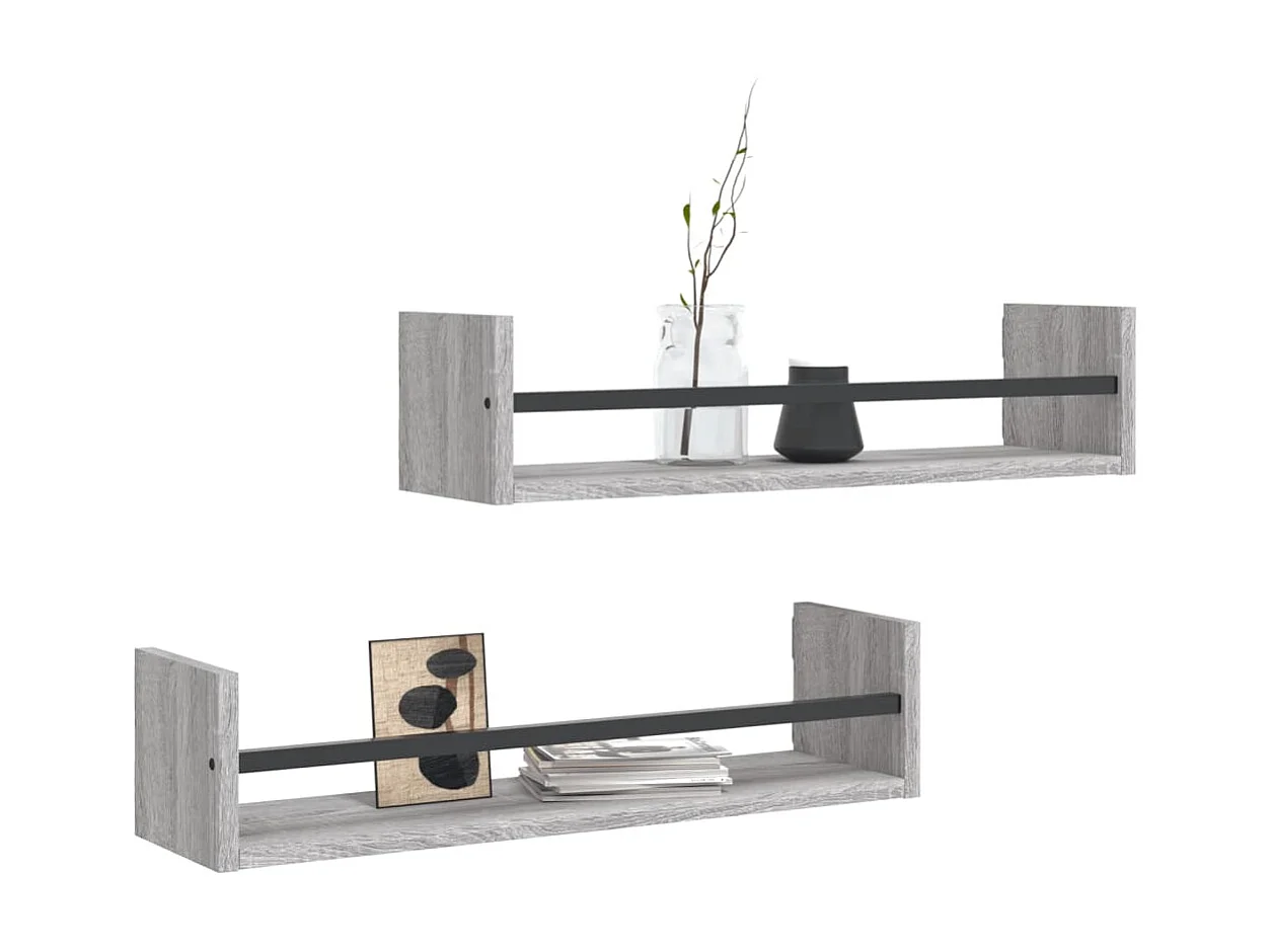 Wandschappen met stangen 2 st 60x16x14 cm grijs sonoma NL433840