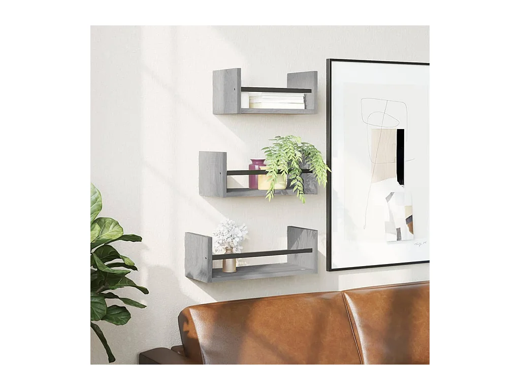 Ensemble d'étagères murales avec barres 3 pcs sonoma gris OFR91171 BonneVie Meuble