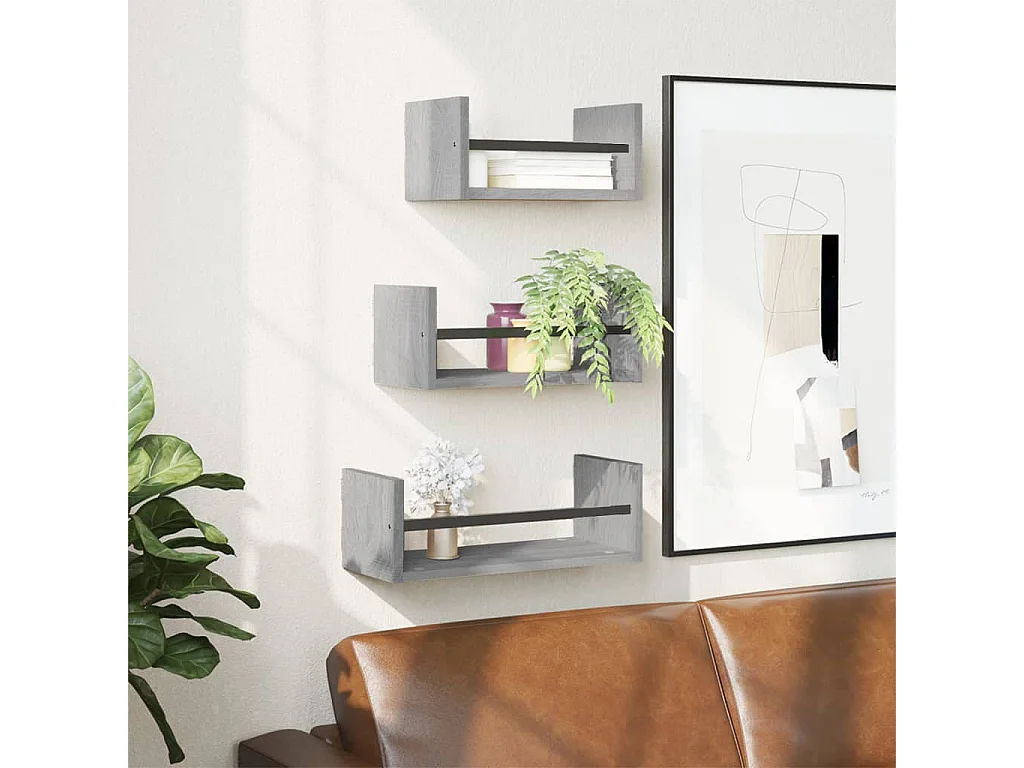 Ensemble d'étagères murales avec barres 3 pcs sonoma gris OFR91171 BonneVie Meuble