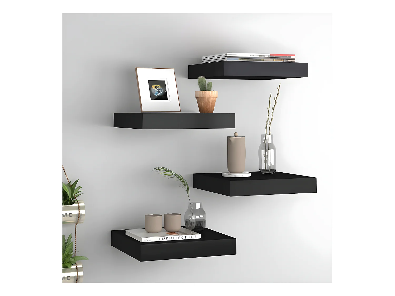 Étagères murales murales 4 pcs noir 23x23,5x3,8 cm MDF OFR10861 BonneVie Meuble