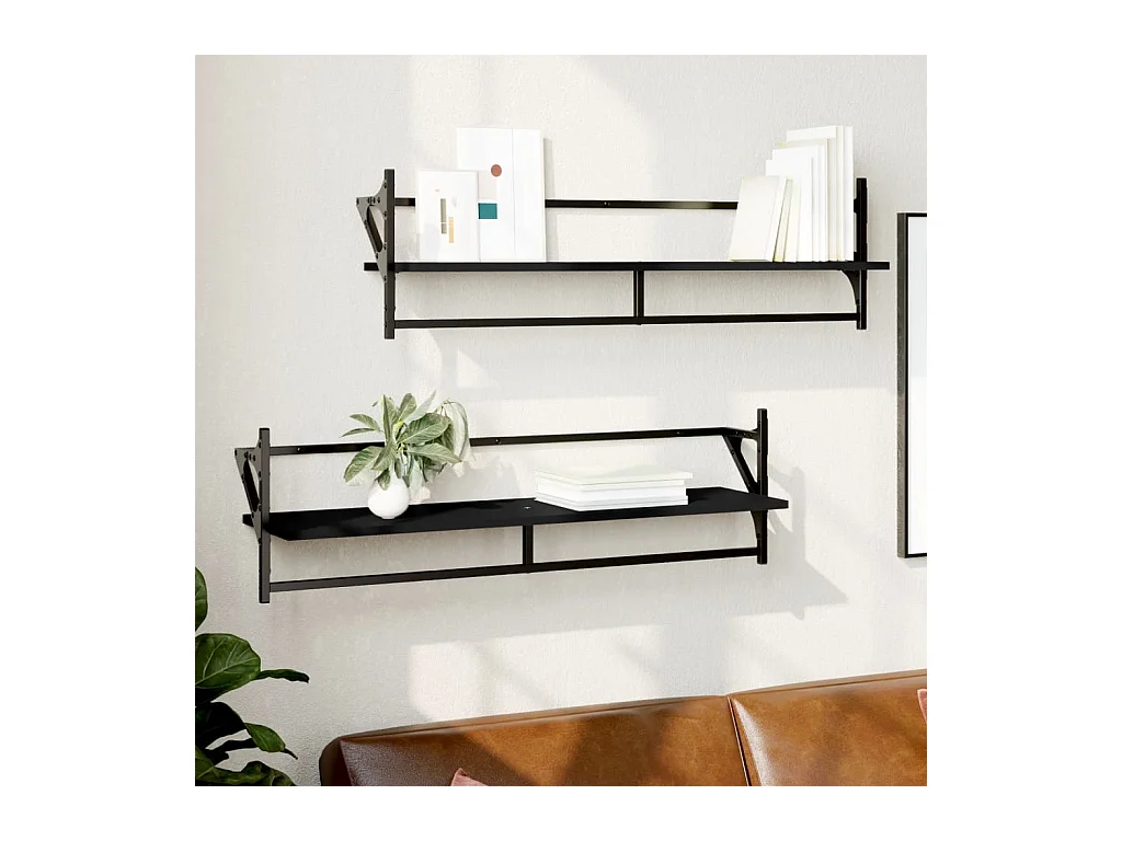 Étagères murales avec barres 2 pcs noir 100x25x30 cm OFR38179 BonneVie Meuble