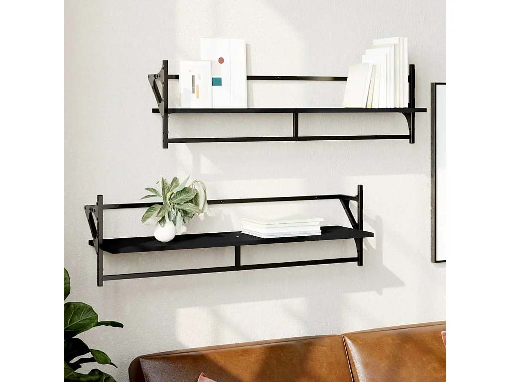 Étagères murales avec barres 2 pcs noir 100x25x30 cm OFR38179 BonneVie Meuble