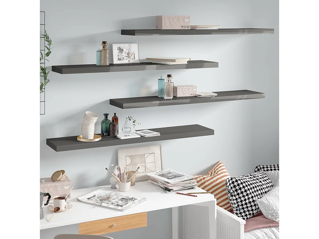 Wandschappen zwevend 4 st 120x23,5x3,8 cm MDF hoogglans grijs NL807112