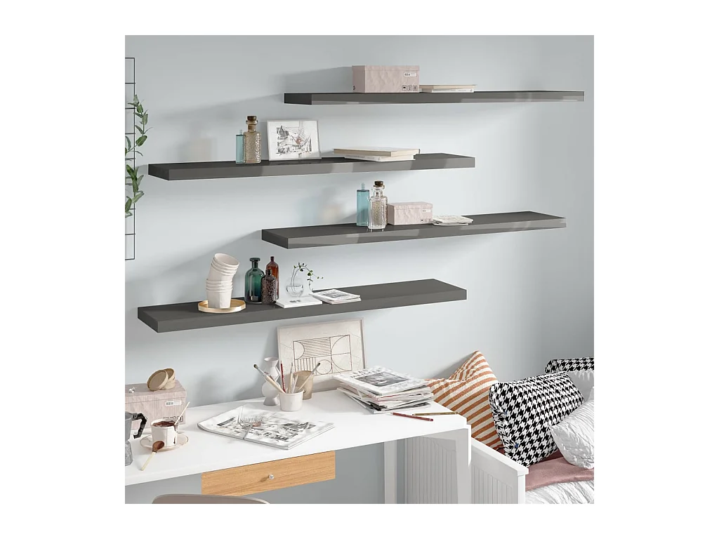 Étagères murales murales 4 pcs gris brillant 120x23,5x3,8 cm OFR31822 BonneVie Meuble