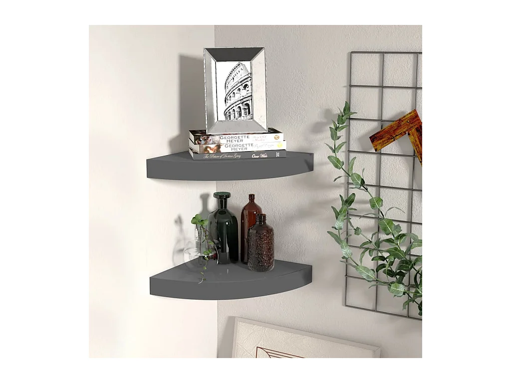 Étagères d'angle murales 2pcs gris brillant 25x25x3,8cm MDF OFR65166 BonneVie Meuble