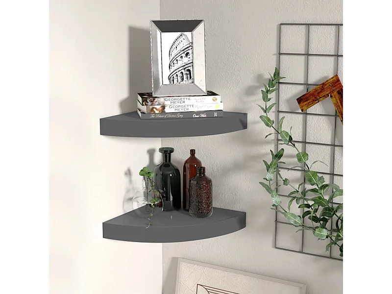 Étagères d'angle murales 2pcs gris brillant 25x25x3,8cm MDF OFR65166 BonneVie Meuble