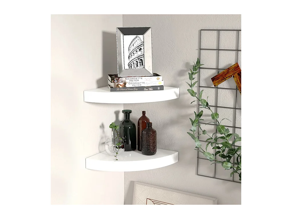 Étagères d'angle murales 2pcs blanc brillant 25x25x3,8cm MDF OFR53970 BonneVie Meuble