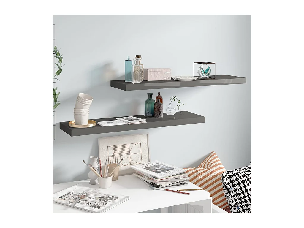 Étagère murale murale 2 pcs Gris brillant 90x23,5x3,8 cm MDF OFR31333 BonneVie Meuble