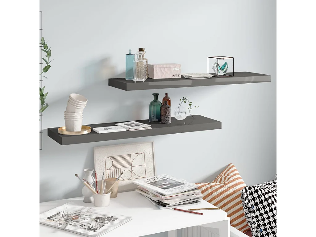 Wandschappen zwevend 2 st 90x23,5x3,8 cm MDF hoogglans grijs NL117884