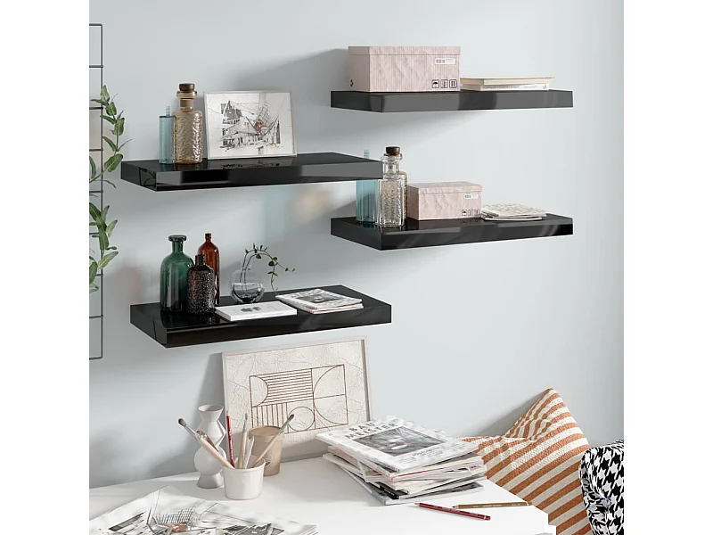 Étagère murale murale 4 pcs Noir brillant 50x23x3,8 cm MDF OFR28199 BonneVie Meuble