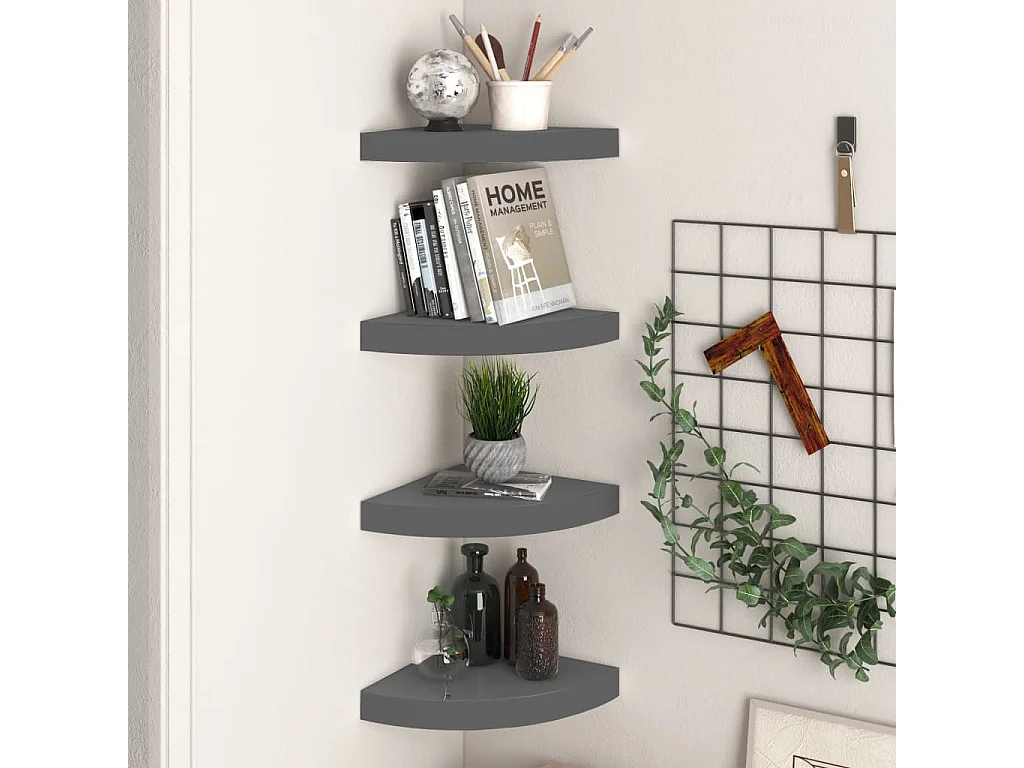 Étagères d'angle murales 4 pcs gris brillant 25x25x3,8cm MDF OFR65412 BonneVie Meuble