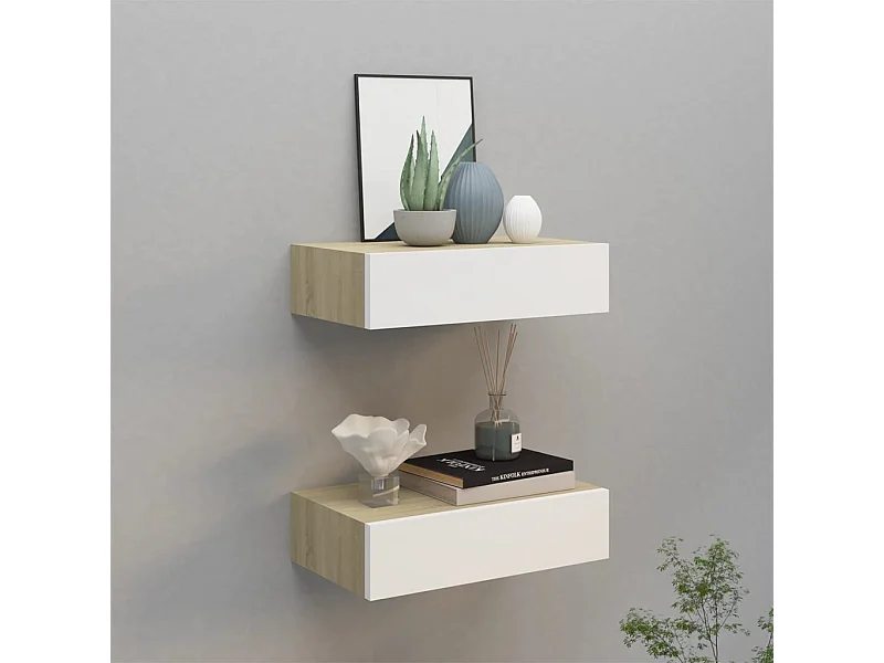 Étagères à tiroir murales 2 pcs Chêne et blanc 40x23,5x10cm MDF OFR63249 BonneVie Meuble