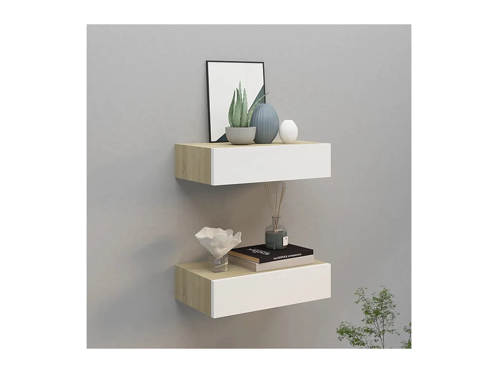 Étagères à tiroir murales 2 pcs Chêne et blanc 40x23,5x10cm MDF OFR63249 BonneVie Meuble