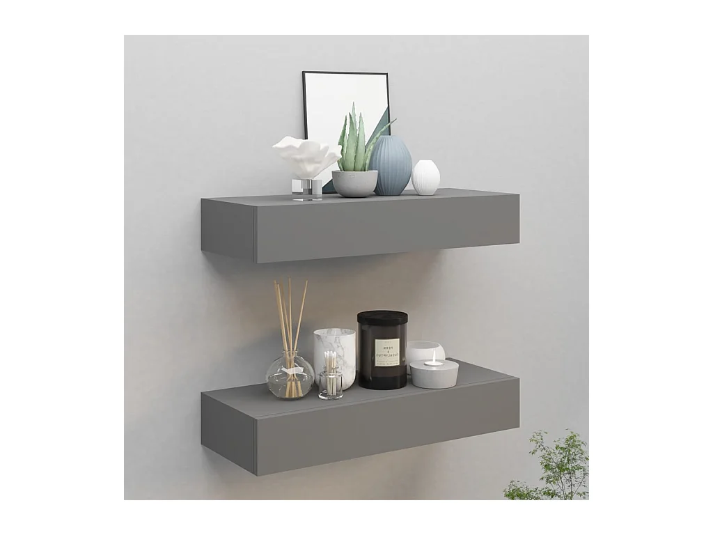 Étagères à tiroirs murales 2 pcs gris 60x23,5x10 cm MDF OFR10545 BonneVie Meuble