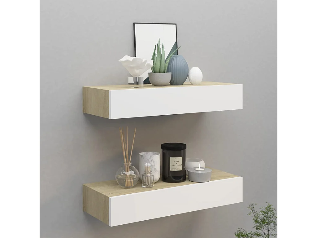 Étagères à tiroir murales 2 pcs Chêne et blanc 60x23,5x10cm MDF OFR78758 BonneVie Meuble
