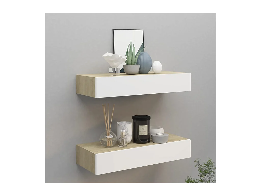 Étagères à tiroir murales 2 pcs Chêne et blanc 60x23,5x10cm MDF OFR78758 BonneVie Meuble