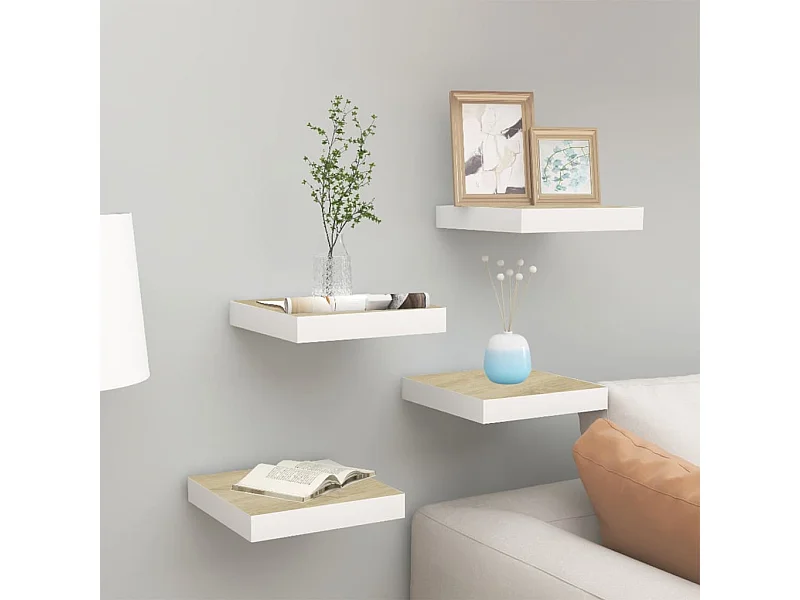 Étagères murales 4 pcs Chêne et blanc 23x23,5x3,8 cm MDF OFR98678 BonneVie Meuble