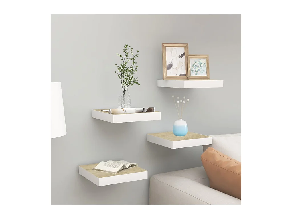 Étagères murales 4 pcs Chêne et blanc 23x23,5x3,8 cm MDF OFR98678 BonneVie Meuble