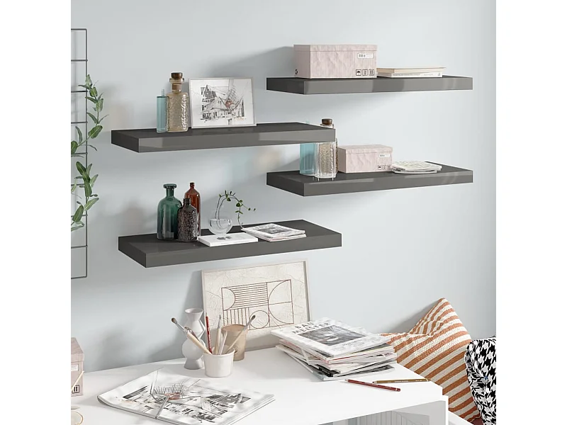 Étagère murale murale 4 pcs Gris brillant 60x23,5x3,8 cm MDF OFR74335 BonneVie Meuble