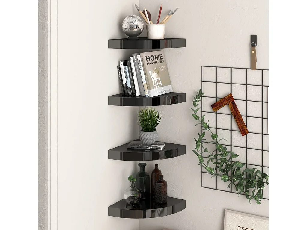 Estantes de pared esquina 4 uds MDF negro brillo 25x25x3,8 cm ES29531
