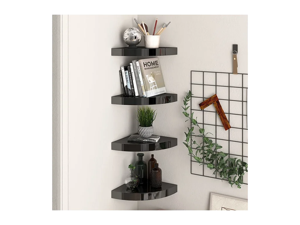 Étagères d'angle murales 4 pcs noir brillant 25x25x3,8cm MDF OFR87238 BonneVie Meuble
