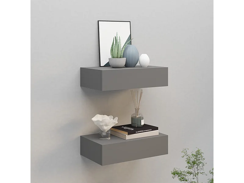 Wandschappen 2 st met lade 40x23,5x10 cm MDF grijs NL345313