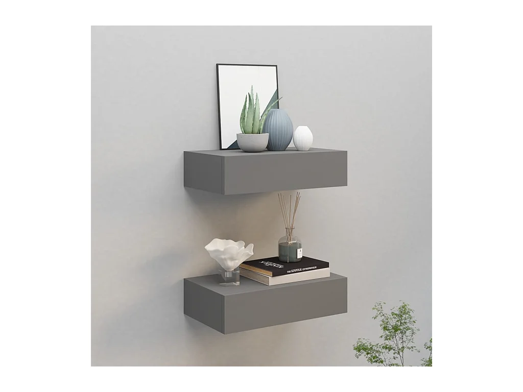 Étagères à tiroirs murales 2 pcs gris 40x23,5x10 cm MDF OFR55536 BonneVie Meuble