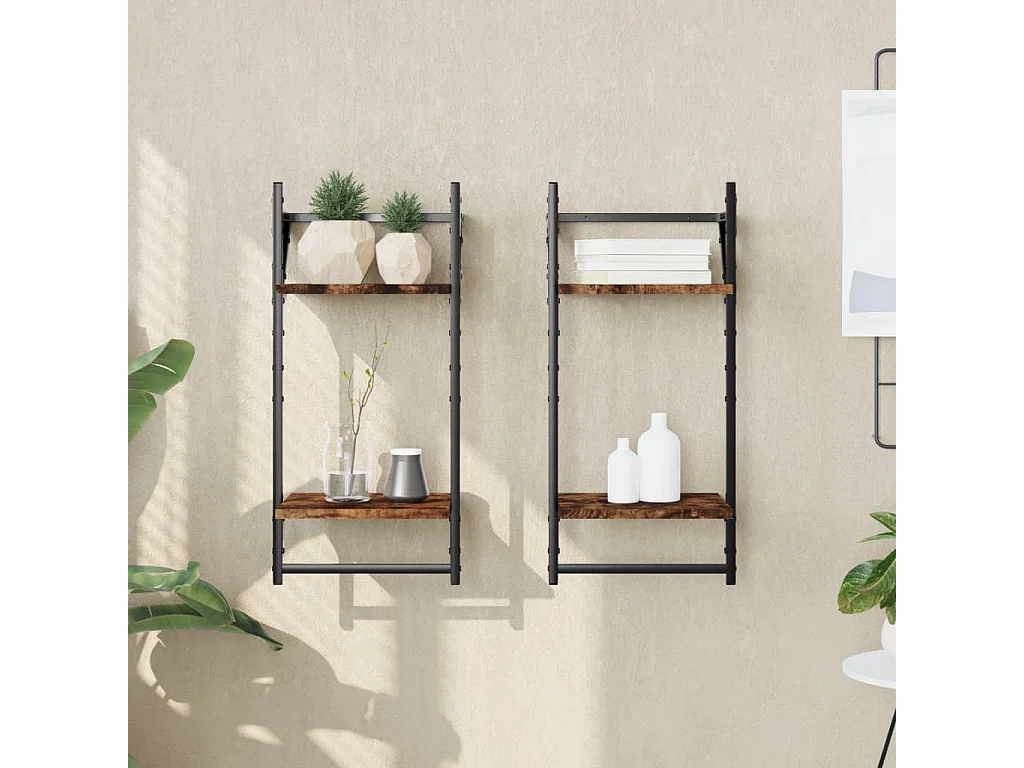 Wandschappen 2-laags met stangen 2 st 30x25x65 cm gerookt eiken NL724488