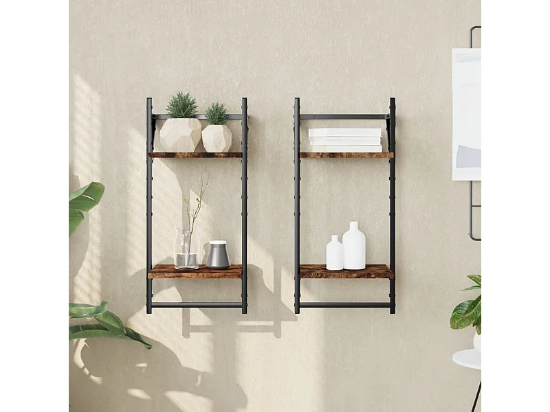 Étagères murales à 2 niveaux avec barres 2 pcs chêne fumé OFR10655 BonneVie Meuble