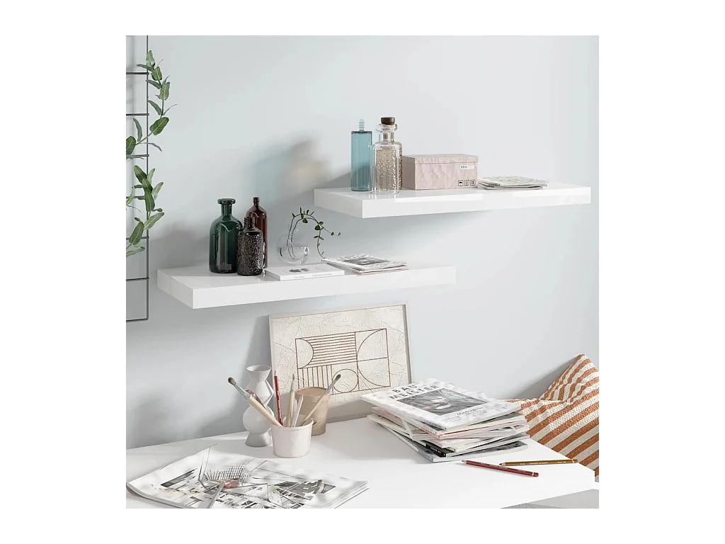 Étagère murale murale 2 pcs Blanc brillant 60x23,5x3,8cm MDF OFR43466 BonneVie Meuble