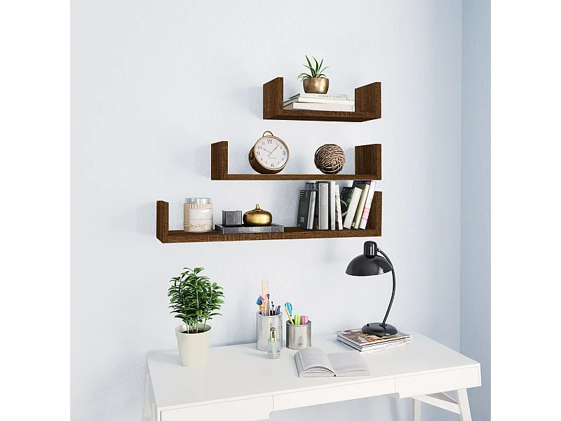 Étagères murales d'affichage3pcs Chêne marron Bois d'ingénierie OFR54504 BonneVie Meuble
