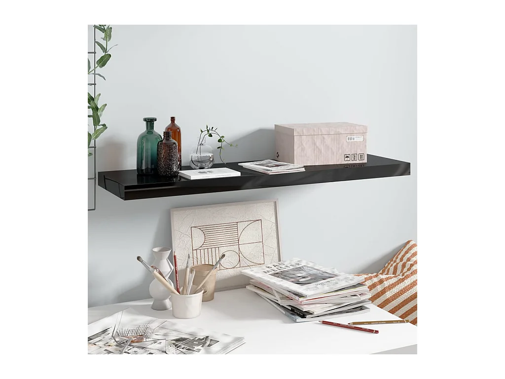 Étagère murale murale Noir brillant 90x23,5x3,8 cm MDF OFR89130 BonneVie Meuble