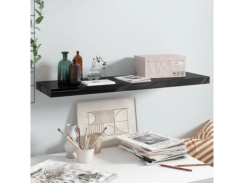 Étagère murale murale Noir brillant 90x23,5x3,8 cm MDF OFR89130 BonneVie Meuble